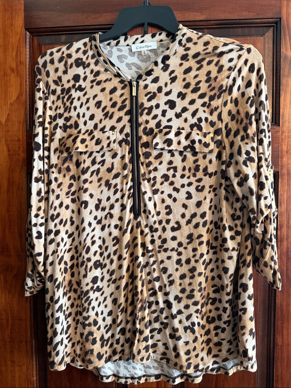 Calvin Klein Leopard-Print Zip Front Tunic in Tan and Black